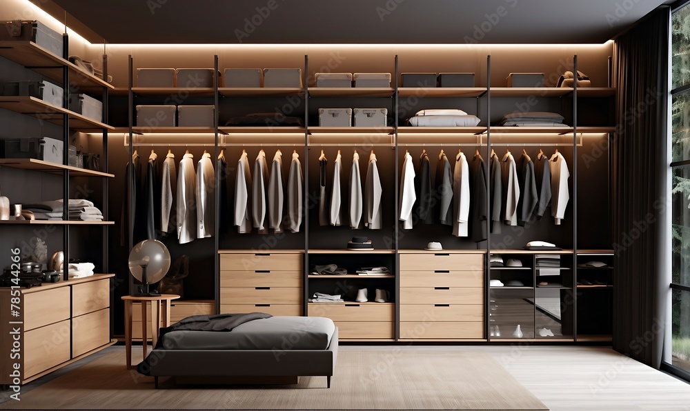 Modern minimalist men walk in wardrobe with black and brown furniture ...