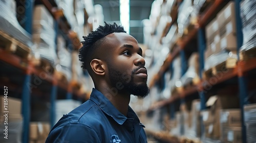 Focused Employee Amidst Warehouse Shelves. Concept Warehouse Efficiency, Focused Employee, Organized Inventory, Productivity in Action