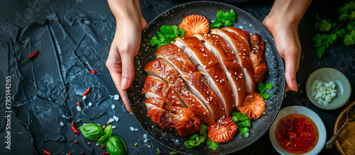 Peking Duck is a famous Chinese dish featuring crispy roasted duck with thin, crisp skin, served with hoisin sauce, sliced scallions, and thin pancakes for wrapping. photo