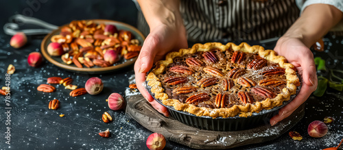 Pecan Pie is a classic American dessert made with a flaky pie crust filled with a sweet and gooey mixture of pecans, eggs, butter, and sugar, often flavored with vanilla and a splash of bourbon or rum photo