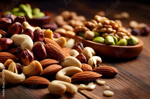 Mix of nuts on wooden background photo