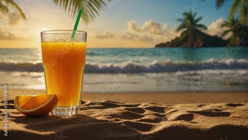 A glass of freshly squeezed orange juice  on the beautiful tropical beach