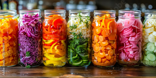 A vibrant collection of assorted fermented foods displayed in clear glass jars photo
