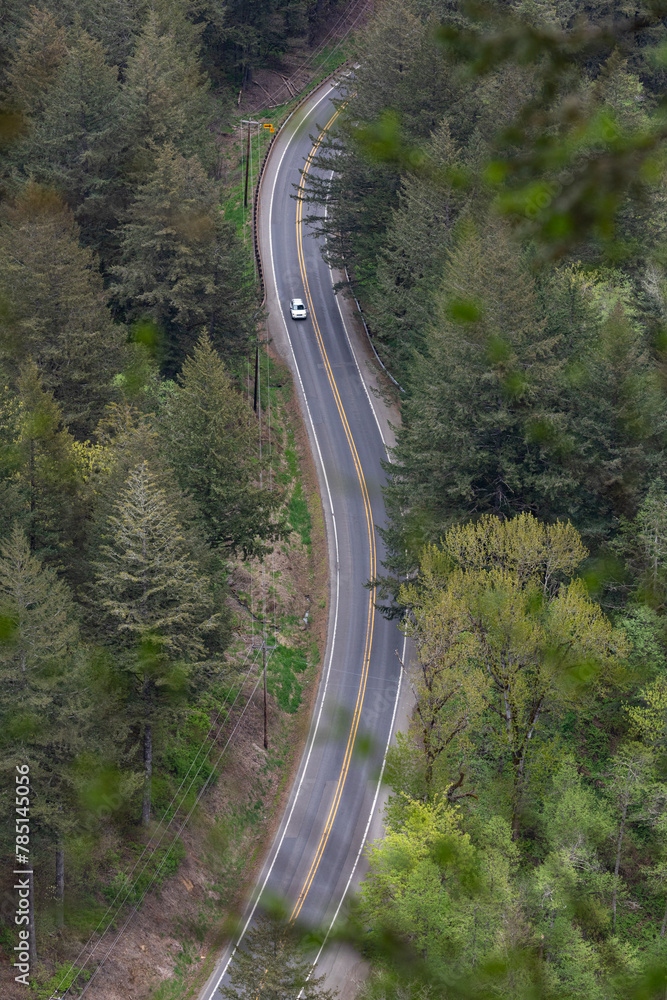 Beautiful curvy road, Highway 14, in Washington State, captured from the top of Beacon Rock 