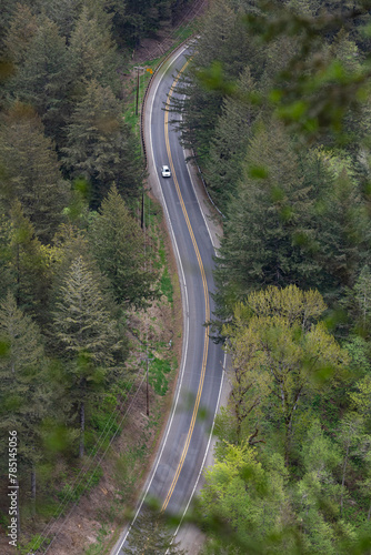 Beautiful curvy road  Highway 14  in Washington State  captured from the top of Beacon Rock 