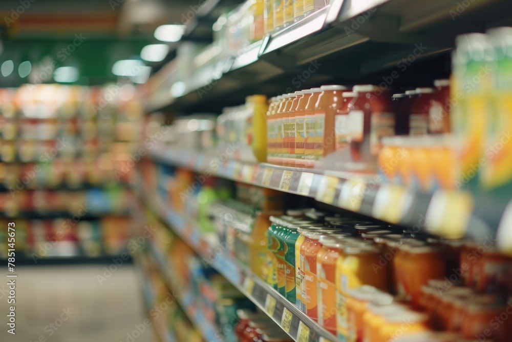 Supermarket Aisles with Colorful Products in Soft Focus Background