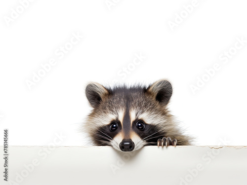 Baby raccoon peeks out behind a board or fence on a white background. © OleksandrZastrozhnov