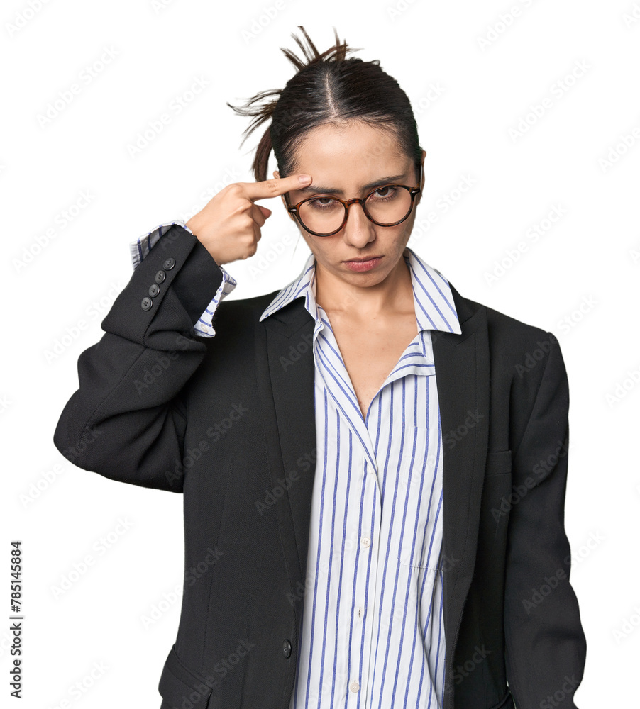 Confident young Caucasian businesswoman on studio background pointing temple with finger, thinking, focused on a task.