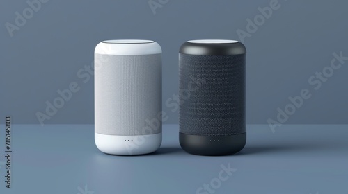 Isolated blue gray background with two Bluetooth speakers or home intelligent voice assistants connected and activated