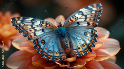 an orange and blue butterfly sits on a flower with some petals © Wirestock