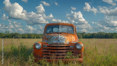 an old orange truck is in a field with trees in the distance