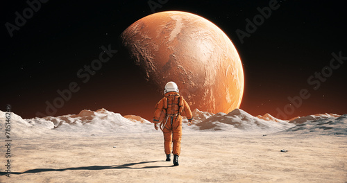 Male Astronaut In Space Suit Walking On Alien Planet. Planet Mars Is Visible. Space Related Majestic Scene.
