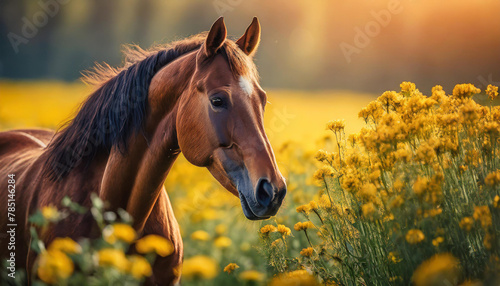 Brown horse in field with yellow flowers. Farm or wild animal. Blurred natural backdrop.