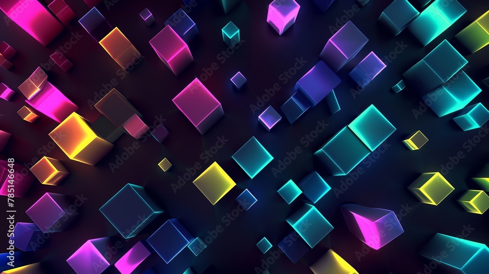 A dark background with neon glowing cubes of different sizes, creating an abstract and futuristic pattern The colors include vibrant shades like purple, blue, green, pink, yellow, and orange This desi A dark background with neon glowing cubes of different sizes, creating an abstract and futuristic pattern The colors include vibrant shades like purple, blue, green, pink, yellow, and orange This desi