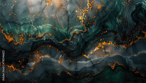 abstract background with dark green and gold marble swirls, fantasy landscape, aerial view, dark skyblue and gray. Created with Ai