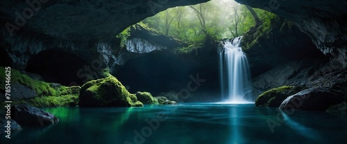 AI generated illustration of a hyper-realistic photograph of a waterfall cascading into cave