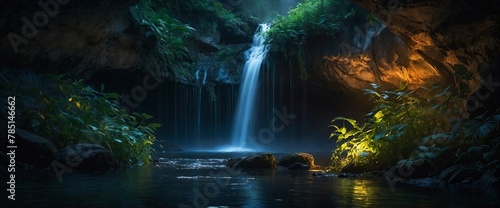AI generated illustration of a hyper-realistic photograph of a nighttime view of a waterfall