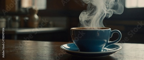 AI generated illustration of a hyper-realistic photograph of a steaming cup of coffee on a table