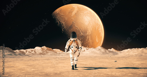 Astronaut Walking On A Planet Surface. Making First Steps. Mars Colonization Concept. Space Related Majestic Scene.