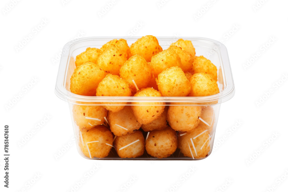 Gleaming Gold Nuggets: A Bounty of Tater Tots in a Plastic Treasure Trove. On White or PNG Transparent Background. Gleaming Gold Nuggets: A Bounty of Tater Tots in a Plastic Treasure Trove. On White or PNG Transparent Background.