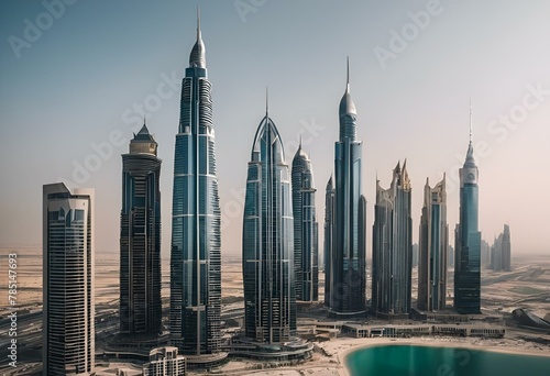 AI generated illustration of a city's skyline with numerous skyscrapers towering over a lagoon photo