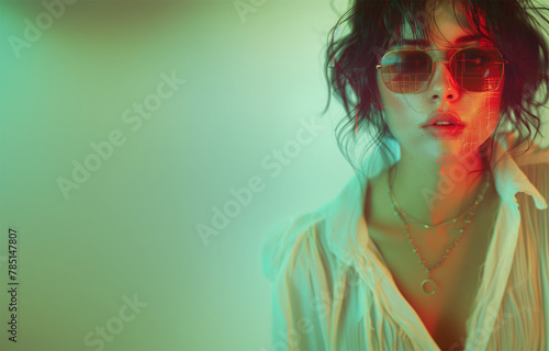 glitch effect overlay of a woman with black hair and a white shirt, wearing sunglasses against a white background with a vhs filter effect. The image is in the style of retro videotape