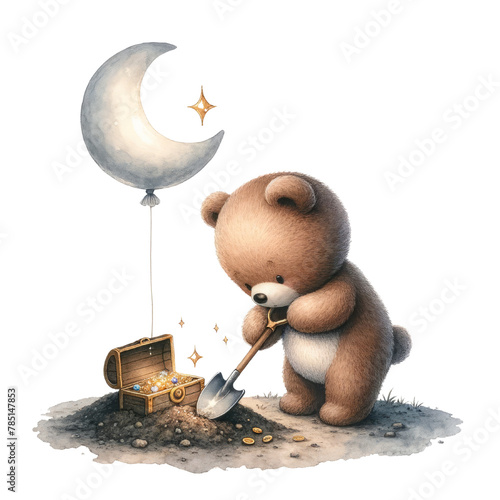 Enchanted teddy bear digging for treasure under a starry moon, concept of adventure and discovery in children's fantasy  © Tuzki