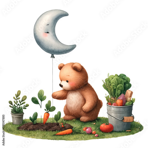 Plush teddy bear planting vegetables with assistance from a crescent moon, concept of growth and early education  © Tuzki