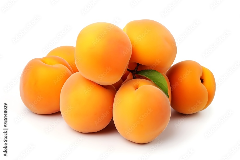 Ripe apricots with leaves isolated on a white background. Ripe apricots with leaves isolated on a white background.