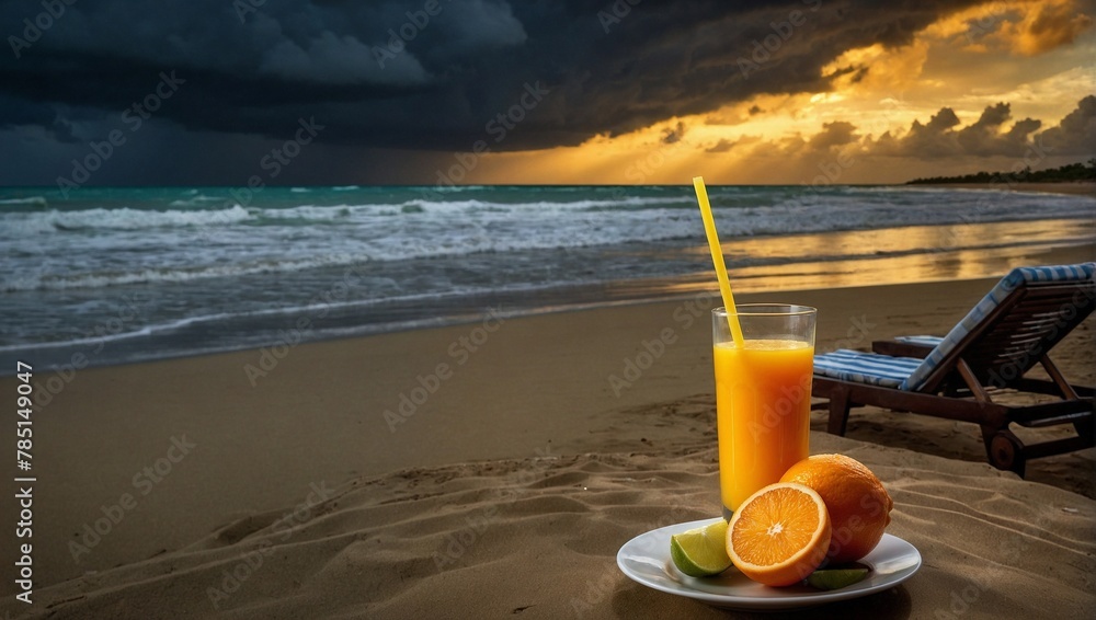 A glasses of freshly squeezed orange juice on beautiful, tropical beach with stormy, dark sky in the background A glasses of freshly squeezed orange juice on beautiful, tropical beach with stormy, dark sky in the background