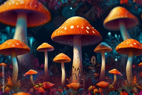 Psychedelic Decorative mushrooms. Image created with Generative AI technology. Generative AI