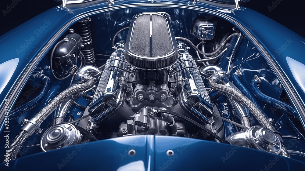 AI generated illustration of a blue car with a visible engine compartment