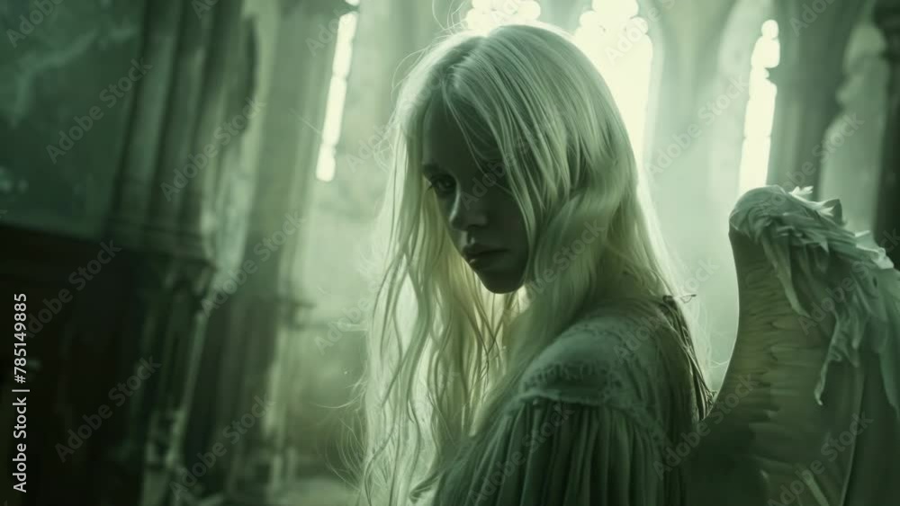 Beautiful sad fallen angel with white hair and wings at old chapel. Pretty girl in mysterious costume. Unhappy female fairy. Attractive model. Gloomy dim light. Dim light. Beautiful sad fallen angel with white hair and wings at old chapel. Pretty girl in mysterious costume. Unhappy female fairy. Attractive model. Gloomy dim light. Dim light.