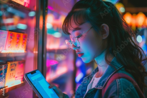 App preview over shoulder of a young girl holding an ebook with a completely neon screen photo