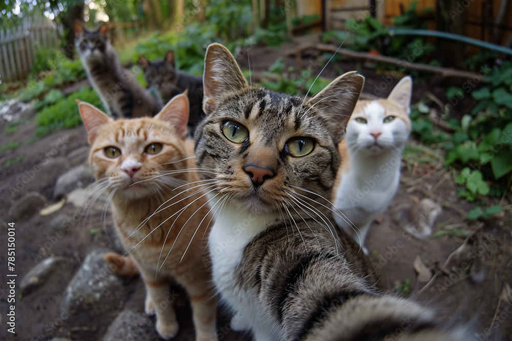 Four cats posing closely in a garden with curious expressions