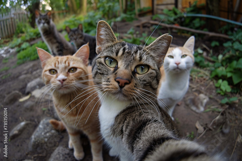 Wallpaper Mural Four cats posing closely in a garden with curious expressions Torontodigital.ca