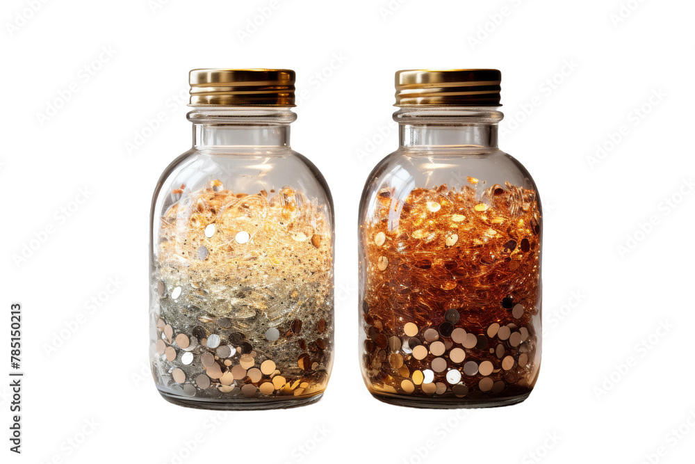 Mystical Elixirs: Two Glass Jars Filled With Colorful Glitters. On White or PNG Transparent Background. Mystical Elixirs: Two Glass Jars Filled With Colorful Glitters. On White or PNG Transparent Background.