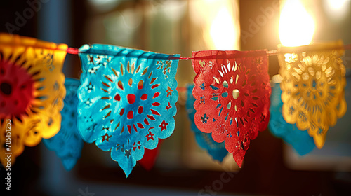 Colorful Mexican party decorations hanging on a string: Cinco de Mayo celebration