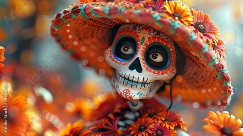 AI-generated illustration of a Close-up of a skeleton wearing a sombrero: Cinco de Mayo celebration