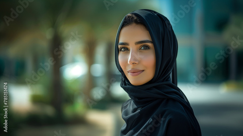 A smiling Arab businesswoman Wearing UAE Emirati Traditional Dress, black abaya, stands  in her office, Arabian Pretty Woman in the Emirates, generative ai. © W Nabil