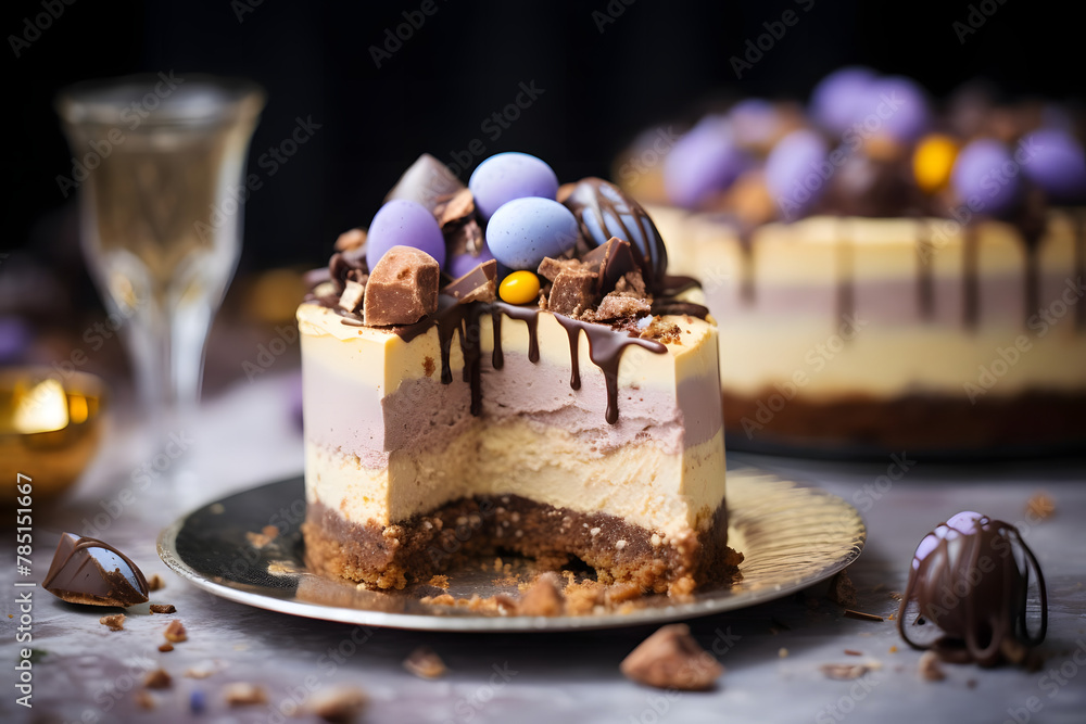Easter Mini Egg Cheesecake, Creamy and festive cheesecake topped with mini chocolate egg - obrazy, fototapety, plakaty 