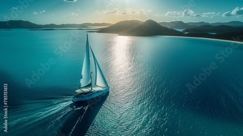 Sailboat, its sails billowing gracefully in the wind, glides through the crystal-clear waters photo