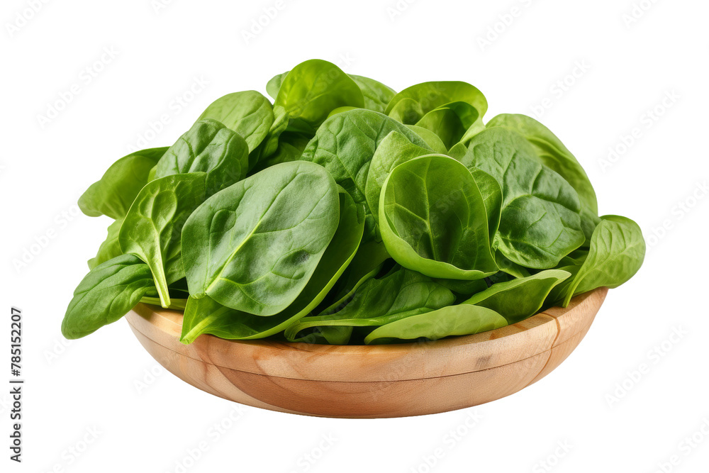 Verdant Vessel: Wooden Bowl Overflowing With Fresh Spinach Leaves. On White or PNG Transparent Background.