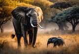 two elephants standing in a grassy field surrounded by trees and brush