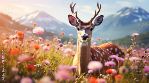 Cute, beautiful deer in a field with flowers in nature, in sunny pink rays. photo