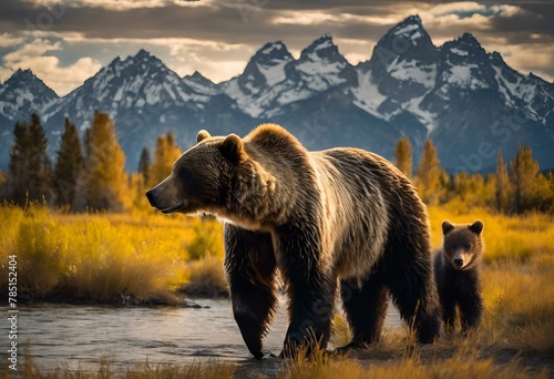 two bears stand in an open field with mountains in the background