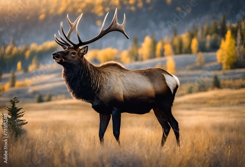 a elk is in the field near trees and hills of yellow © Wirestock