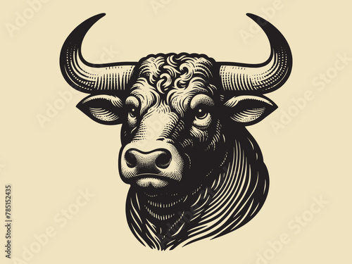 Bull head. Face, portrait. Vintage retro engraving illustration. Black icon, isolated element	