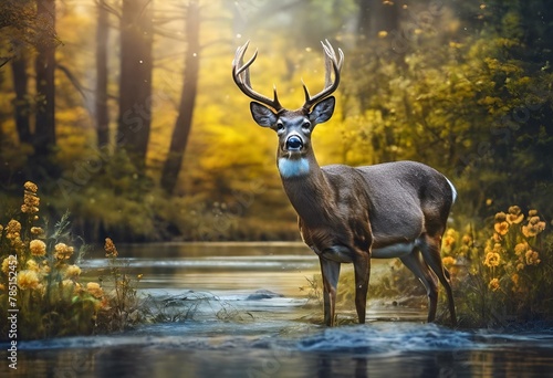 a white - tailed deer stands by the stream in the woods