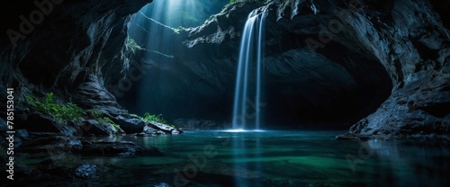 light shines down into a cave like water that leads to a waterfall